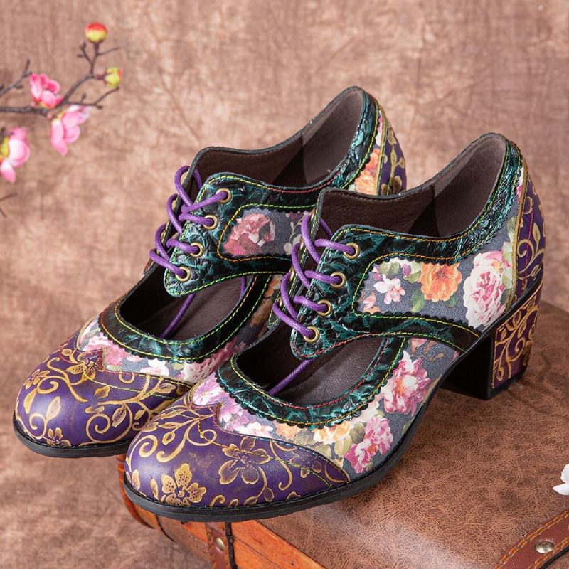 Socofy Women Retro Floral Printing Leather Hollow Out Soft Comfy Sculpted Chunky Heels