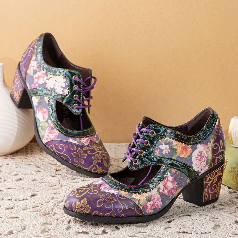 Socofy Women Retro Floral Printing Leather Hollow Out Soft Comfy Sculpted Chunky Heels