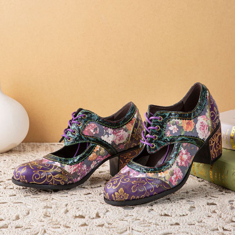 Socofy Women Retro Floral Printing Leather Hollow Out Soft Comfy Sculpted Chunky Heels