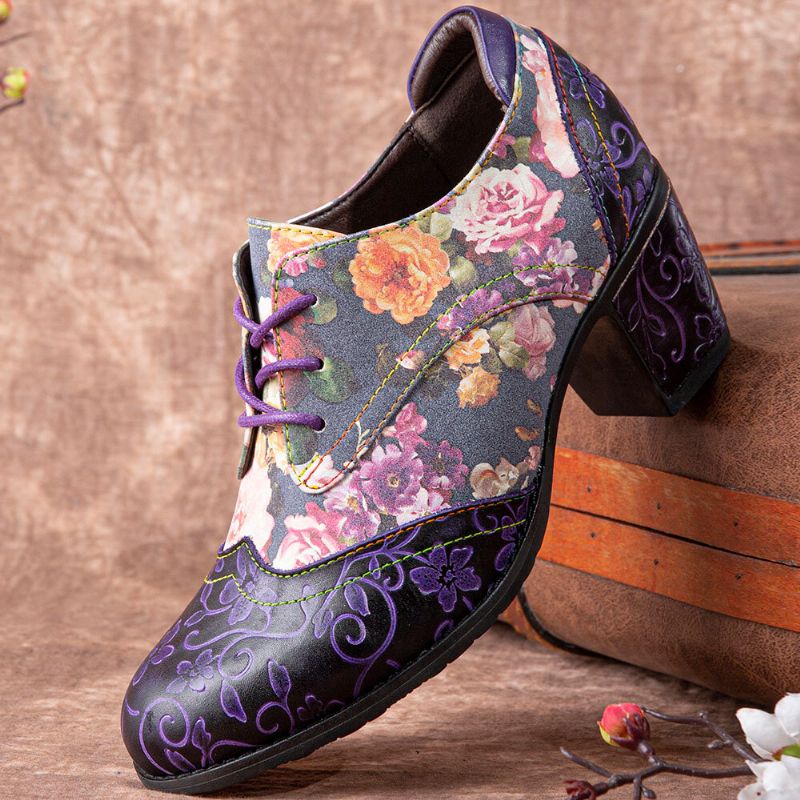 Socofy Women Retro Floral Printing Leather Splicing Soft Comfy Sculpted Chunky Heels