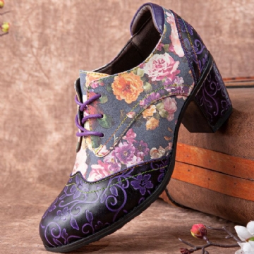 Socofy Women Retro Floral Printing Leather Splicing Soft Comfy Sculpted Chunky Heels