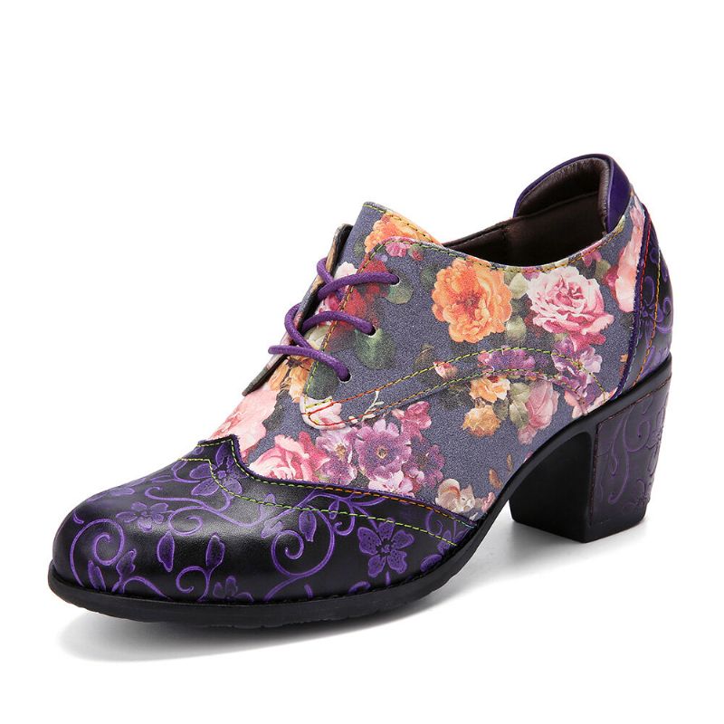 Socofy Women Retro Floral Printing Leather Splicing Soft Comfy Sculpted Chunky Heels