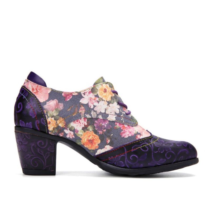 Socofy Women Retro Floral Printing Leather Splicing Soft Comfy Sculpted Chunky Heels