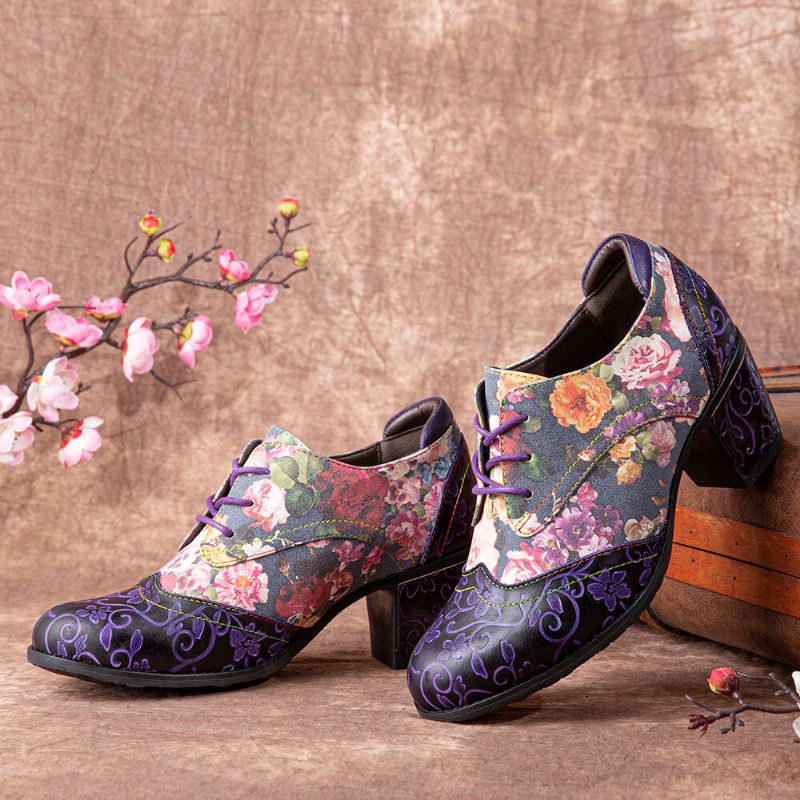 Socofy Women Retro Floral Printing Leather Splicing Soft Comfy Sculpted Chunky Heels