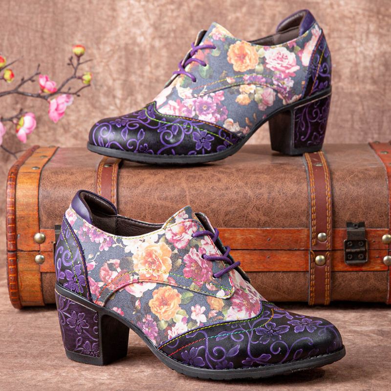 Socofy Women Retro Floral Printing Leather Splicing Soft Comfy Sculpted Chunky Heels