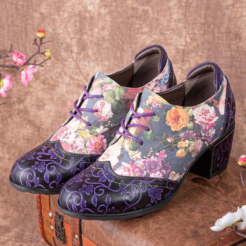 Socofy Women Retro Floral Printing Leather Splicing Soft Comfy Sculpted Chunky Heels