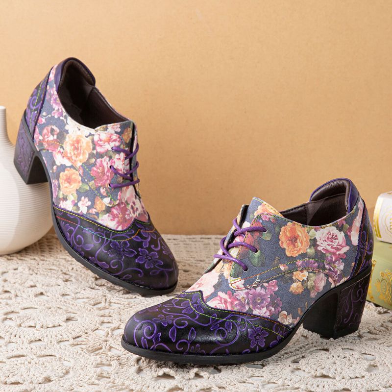 Socofy Women Retro Floral Printing Leather Splicing Soft Comfy Sculpted Chunky Heels