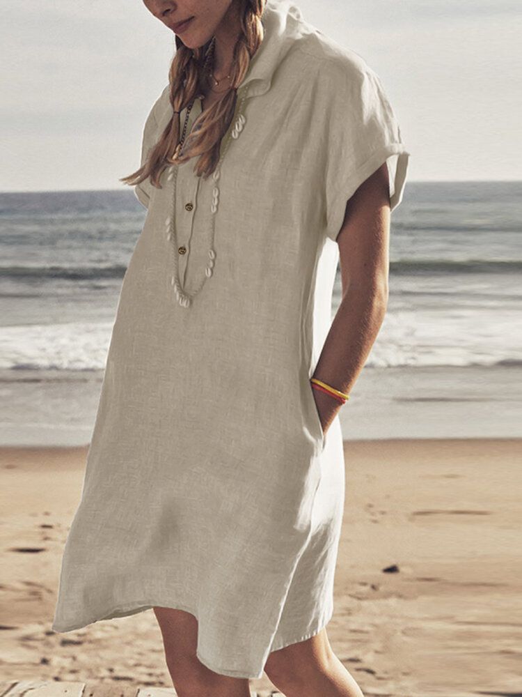 Solid Casual Button Revers Short Sleeve Bohemia Pocket Shirt Dress