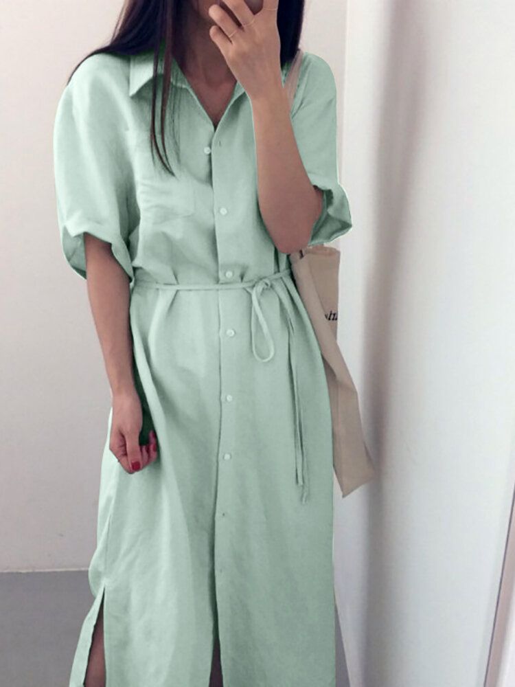 Solid Slit Half Sleeve Belt Revers Button Down Dress Shirt