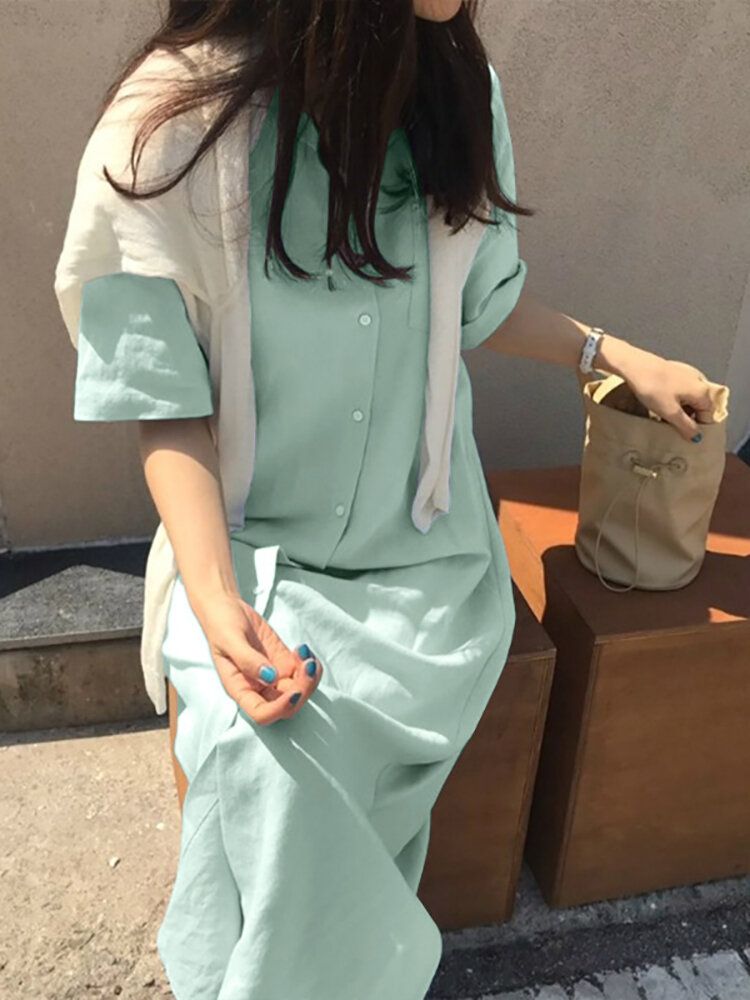 Solid Slit Half Sleeve Belt Revers Button Down Dress Shirt