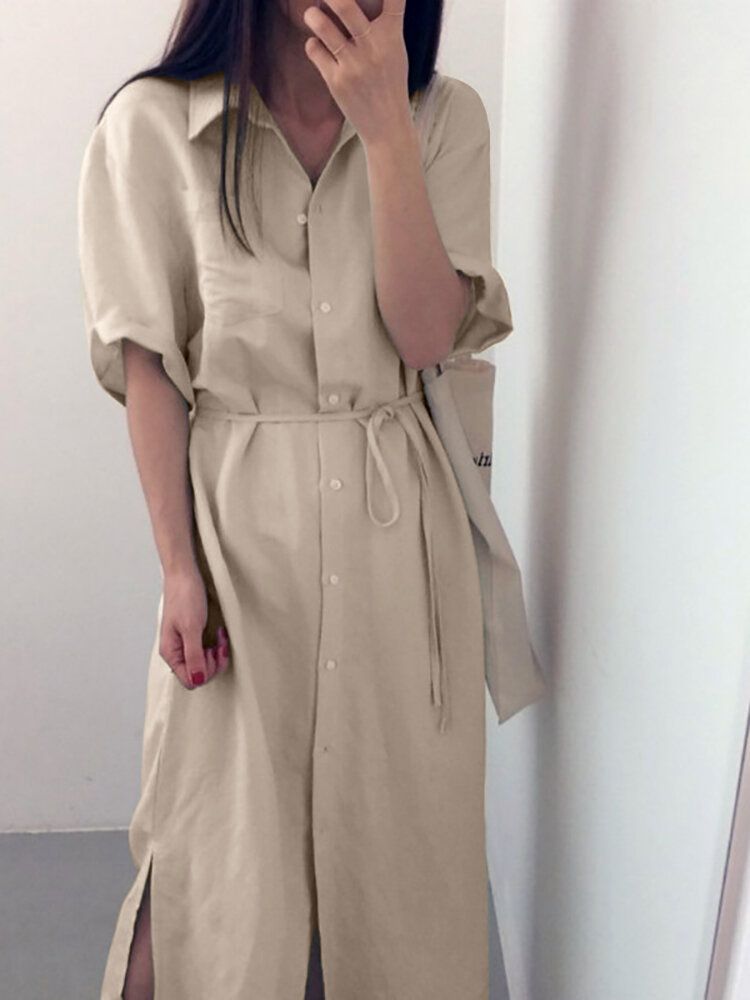 Solid Slit Half Sleeve Belt Revers Button Down Dress Shirt