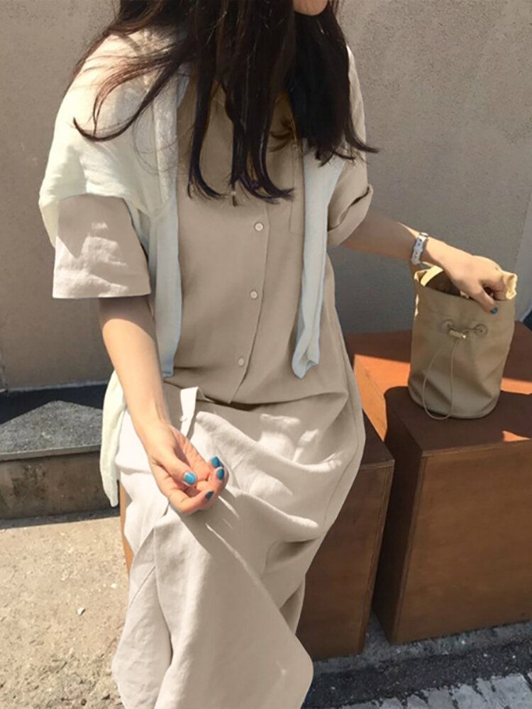 Solid Slit Half Sleeve Belt Revers Button Down Dress Shirt