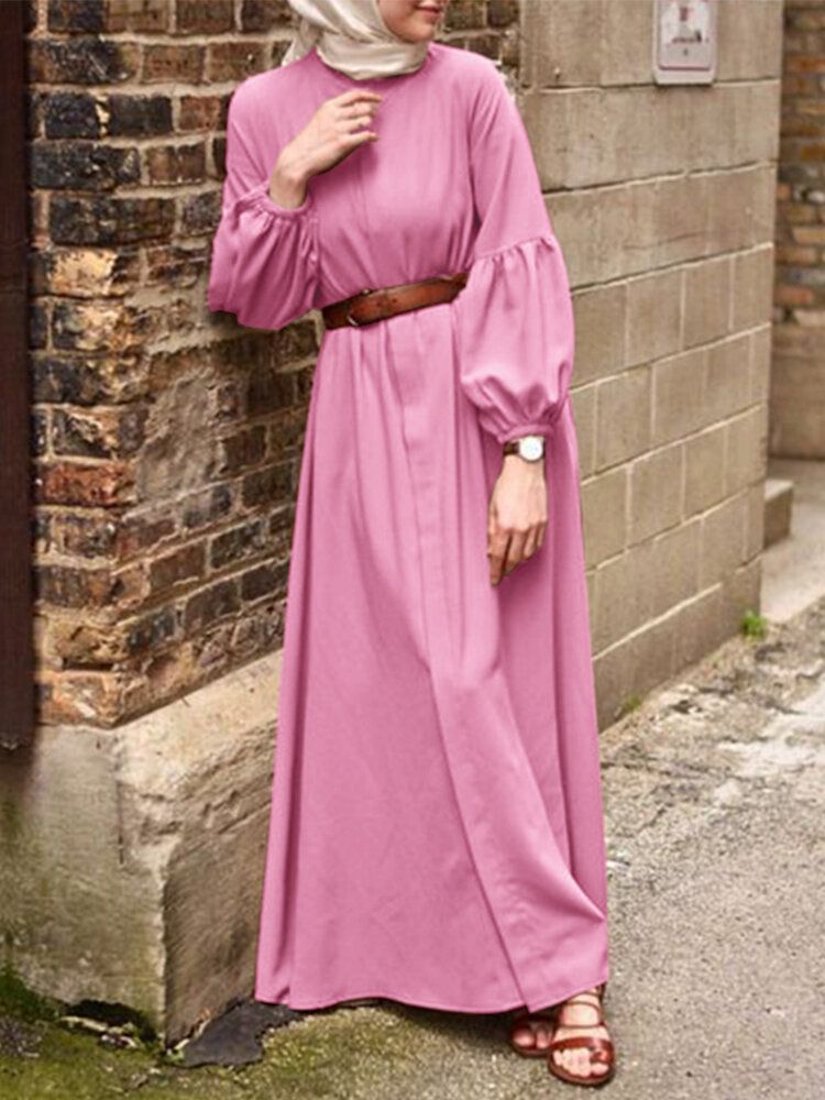 Solide Couleur Poignets Élastiques O-cou Manches Bouffantes Plissée Maxi Robe Musulmane Caftan Pour Les Femmes