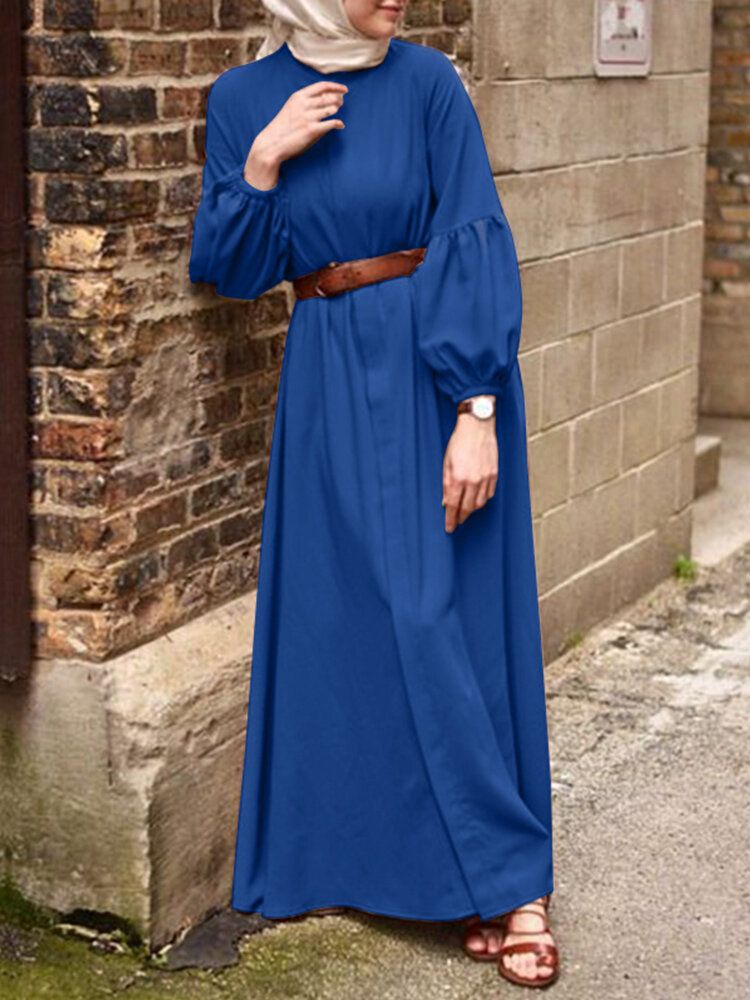 Solide Couleur Poignets Élastiques O-cou Manches Bouffantes Plissée Maxi Robe Musulmane Caftan Pour Les Femmes