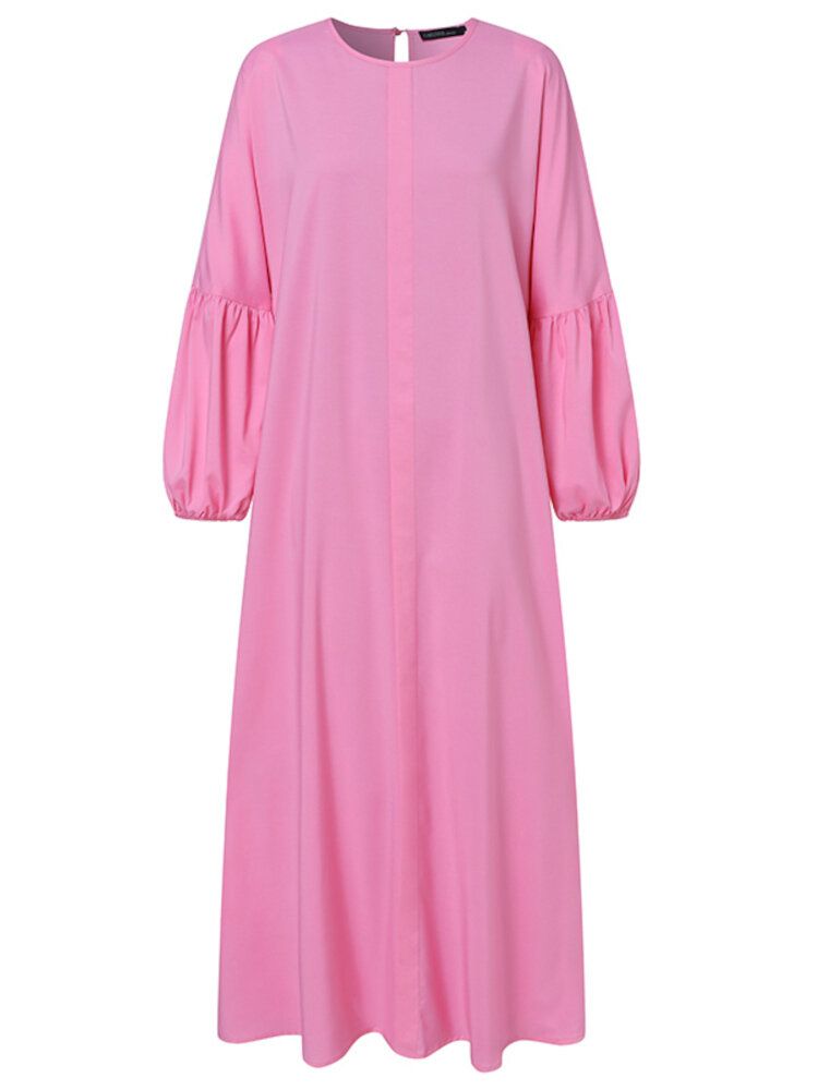 Solide Couleur Poignets Élastiques O-cou Manches Bouffantes Plissée Maxi Robe Musulmane Caftan Pour Les Femmes