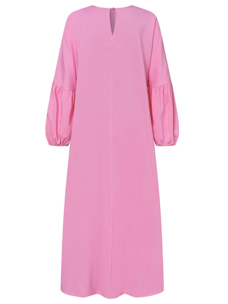 Solide Couleur Poignets Élastiques O-cou Manches Bouffantes Plissée Maxi Robe Musulmane Caftan Pour Les Femmes