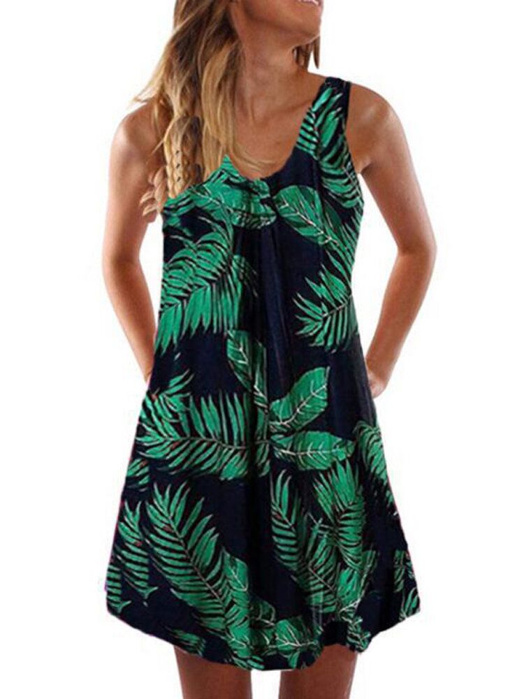 Solide Décontracté Sans Manches Col En V Noué Plantes Tropicales Hawaii Style Vacances Mini Robe Courte