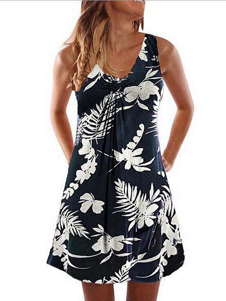 Solide Décontracté Sans Manches Col En V Noué Plantes Tropicales Hawaii Style Vacances Mini Robe Courte