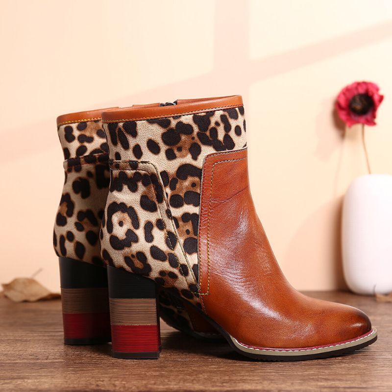 Soocfy Motif Léopard Épissage En Cuir Véritable Haut Talon Carré Fermeture Éclair Bottes Courtes