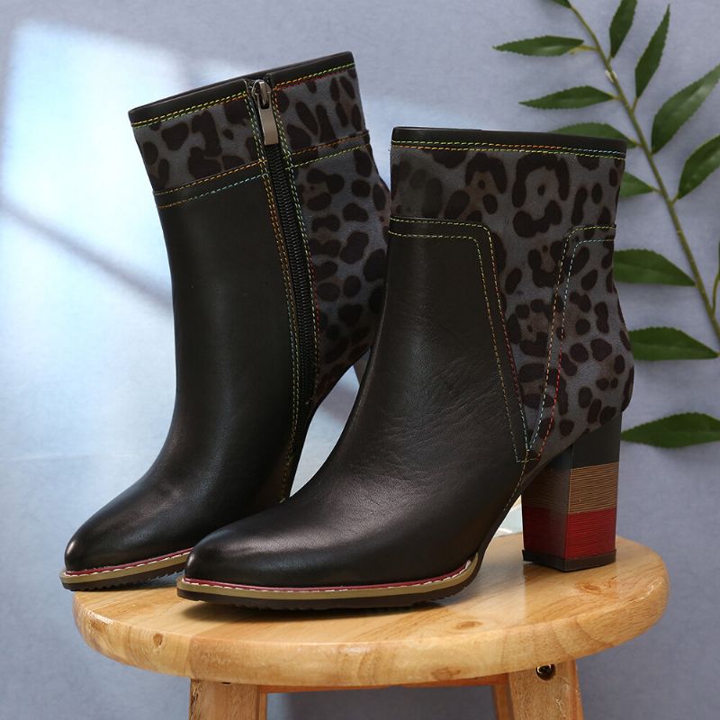 Soocfy Motif Léopard Épissage En Cuir Véritable Haut Talon Carré Fermeture Éclair Bottes Courtes