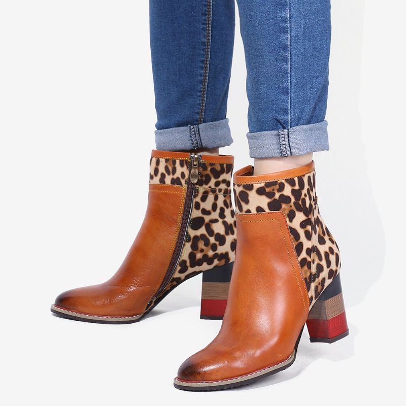 Soocfy Motif Léopard Épissage En Cuir Véritable Haut Talon Carré Fermeture Éclair Bottes Courtes