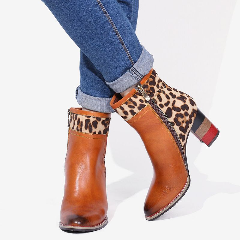 Soocfy Motif Léopard Épissage En Cuir Véritable Haut Talon Carré Fermeture Éclair Bottes Courtes