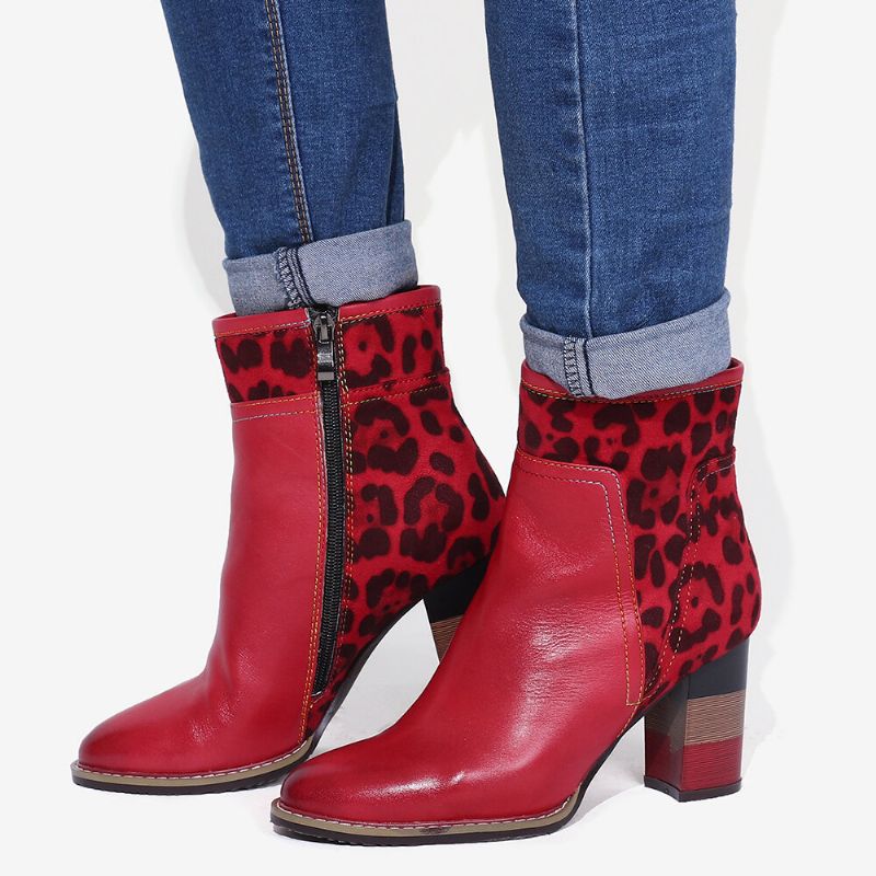 Soocfy Motif Léopard Épissage En Cuir Véritable Haut Talon Carré Fermeture Éclair Bottes Courtes