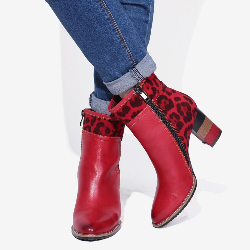 Soocfy Motif Léopard Épissage En Cuir Véritable Haut Talon Carré Fermeture Éclair Bottes Courtes