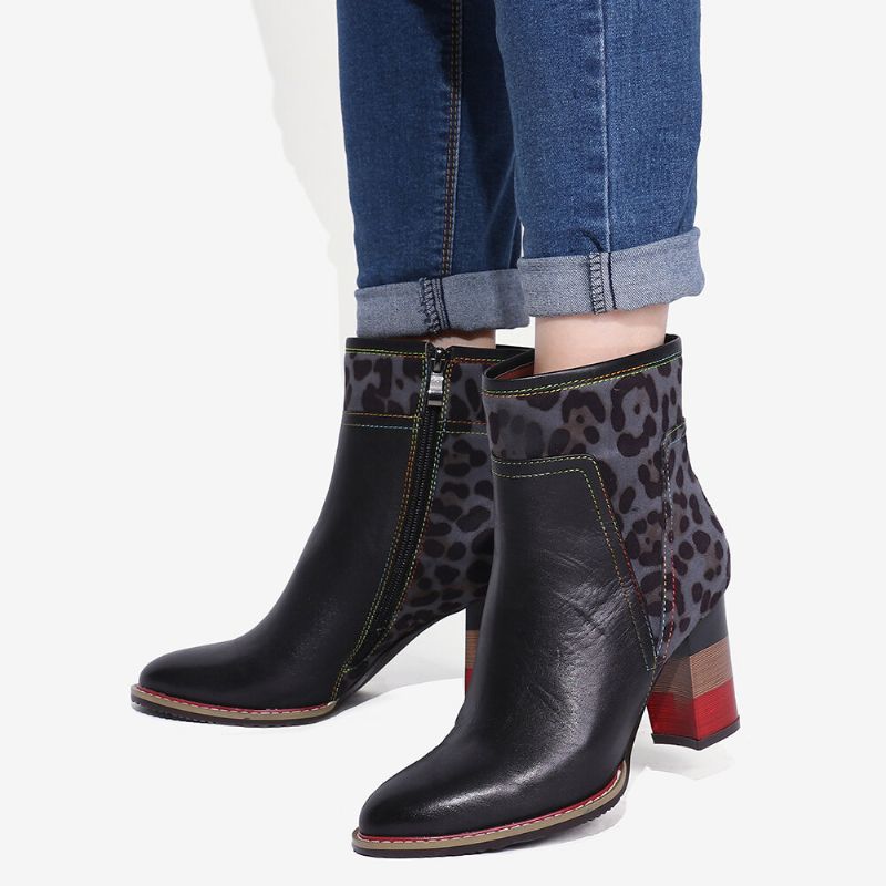 Soocfy Motif Léopard Épissage En Cuir Véritable Haut Talon Carré Fermeture Éclair Bottes Courtes