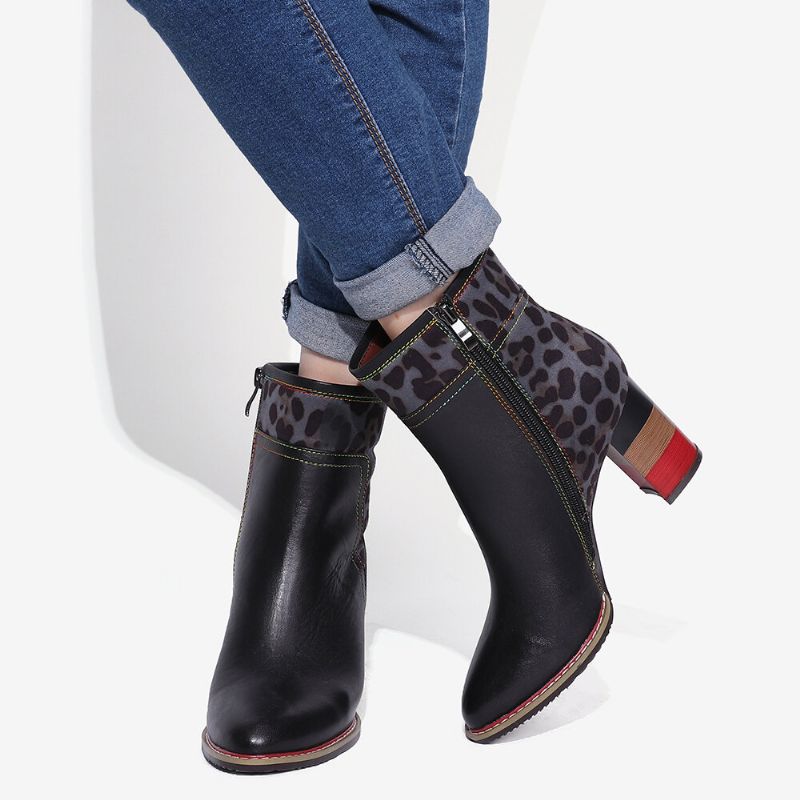 Soocfy Motif Léopard Épissage En Cuir Véritable Haut Talon Carré Fermeture Éclair Bottes Courtes