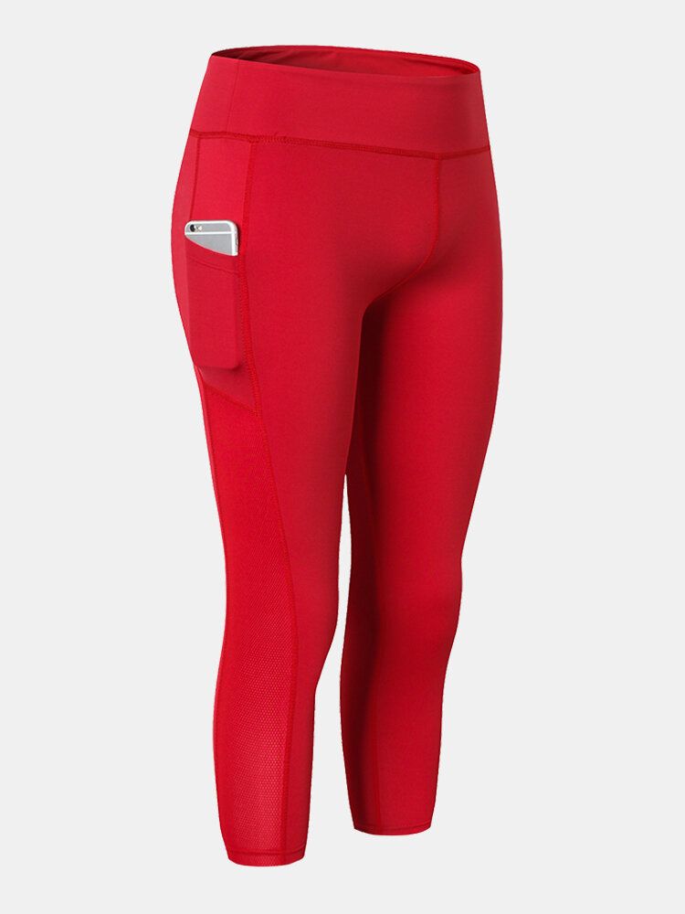 Soprt Femmes Solide Couleur Séchage Rapide Poche Taille Haute Élasticité Pantalon De Yoga