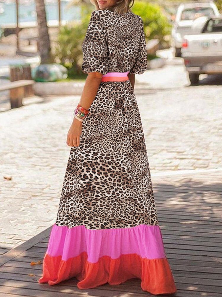 Splicing Casual Raglan Sleeve Leopard Loose Maxi Dress For Women