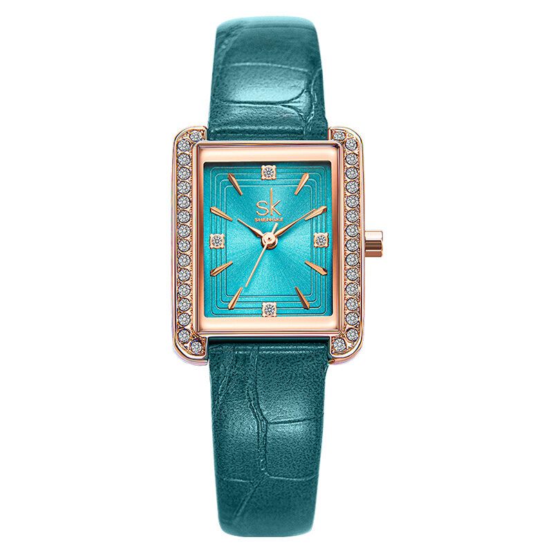 Strass Décoration Cadran Rectangulaire Cuir Pu / Bracelet En Acier 3atm Femmes Montre À Quartz