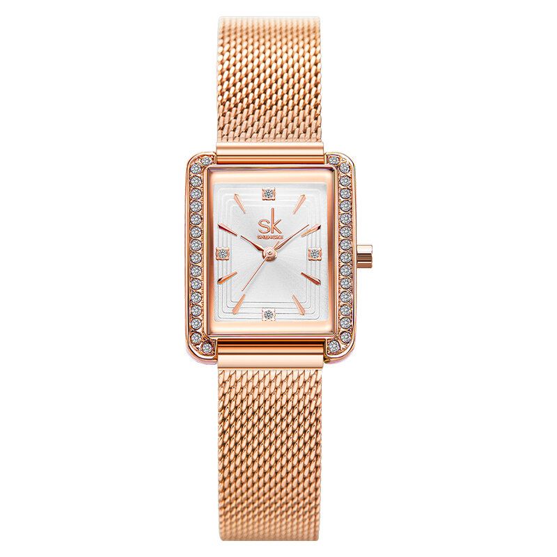 Strass Décoration Cadran Rectangulaire Cuir Pu / Bracelet En Acier 3atm Femmes Montre À Quartz