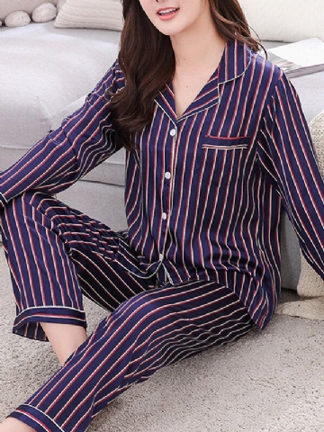 Stripe Camp Col Poche Manches Longues Taille Élastique Faux Soie Maison Pyjama Ensembles Pour Femmes