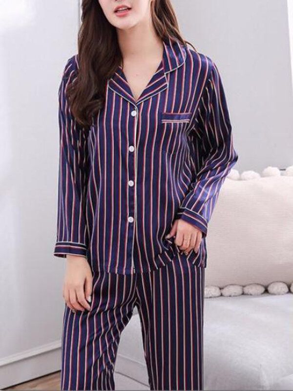 Stripe Camp Col Poche Manches Longues Taille Élastique Faux Soie Maison Pyjama Ensembles Pour Femmes