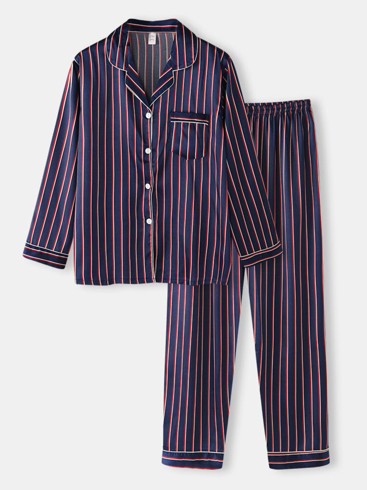 Stripe Camp Col Poche Manches Longues Taille Élastique Faux Soie Maison Pyjama Ensembles Pour Femmes