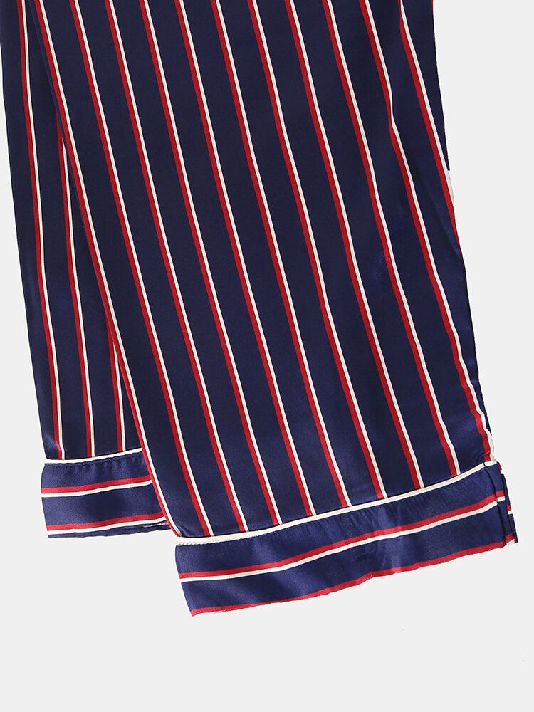 Stripe Camp Col Poche Manches Longues Taille Élastique Faux Soie Maison Pyjama Ensembles Pour Femmes