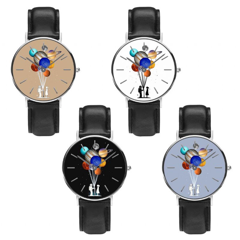 Style Décontracté Hommes Montre Dessin Animé Astronaute Coloré Planète Imprimer Bracelet En Cuir Pu Horloge Montres À Quartz