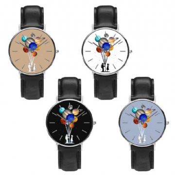 Style Décontracté Hommes Montre Dessin Animé Astronaute Coloré Planète Imprimer Bracelet En Cuir Pu Horloge Montres À Quartz