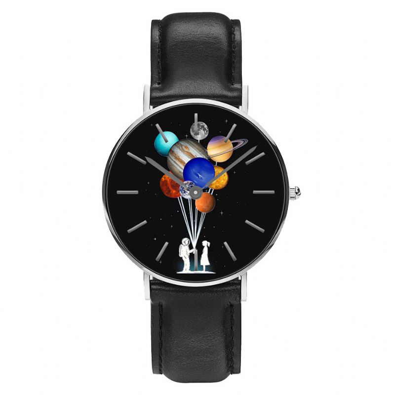 Style Décontracté Hommes Montre Dessin Animé Astronaute Coloré Planète Imprimer Bracelet En Cuir Pu Horloge Montres À Quartz