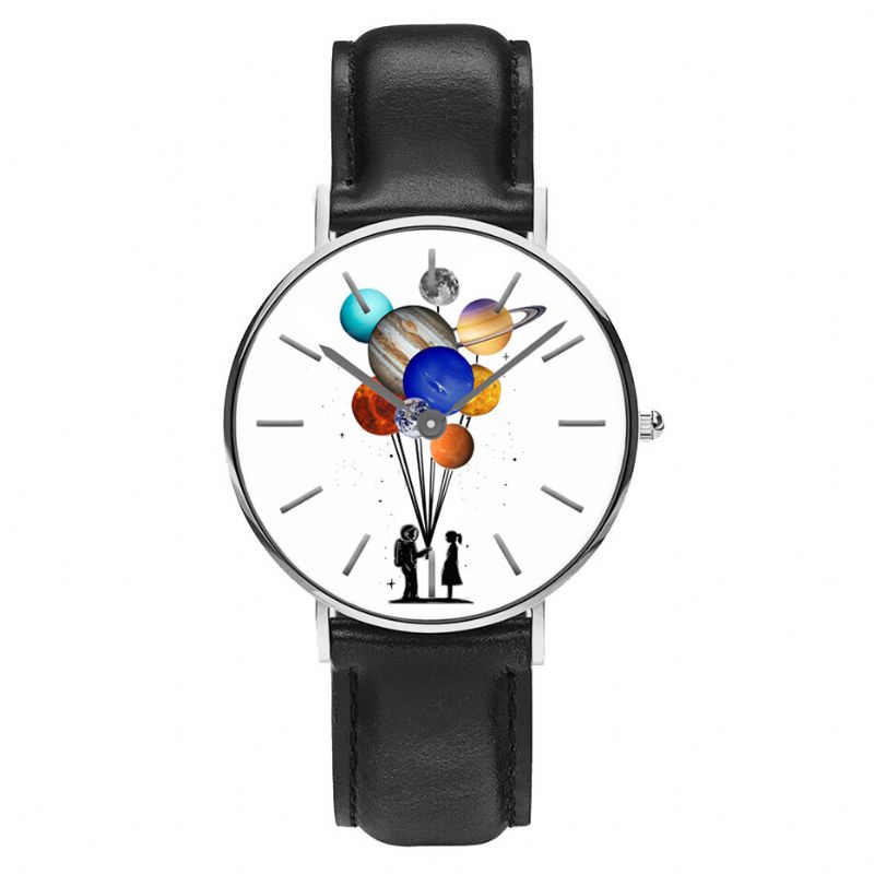 Style Décontracté Hommes Montre Dessin Animé Astronaute Coloré Planète Imprimer Bracelet En Cuir Pu Horloge Montres À Quartz