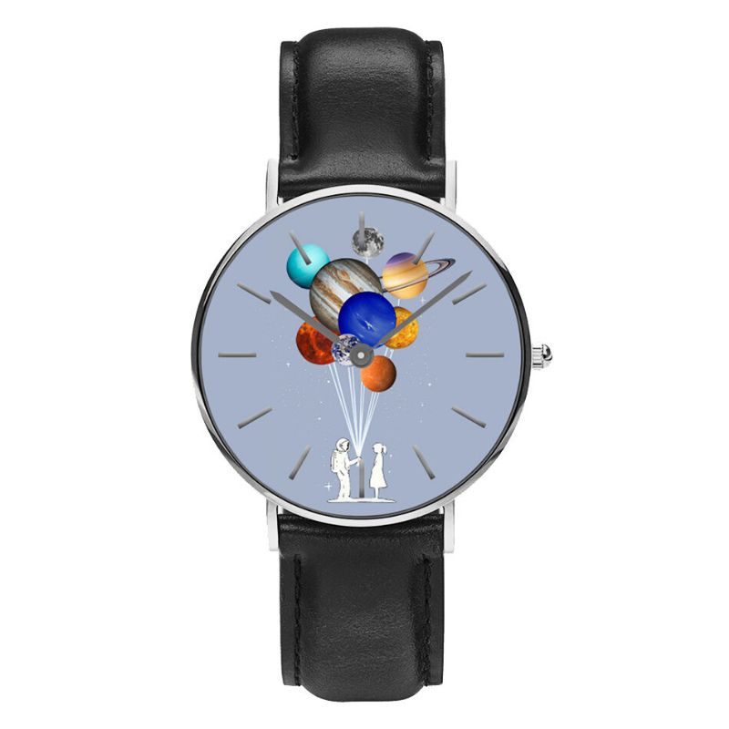 Style Décontracté Hommes Montre Dessin Animé Astronaute Coloré Planète Imprimer Bracelet En Cuir Pu Horloge Montres À Quartz