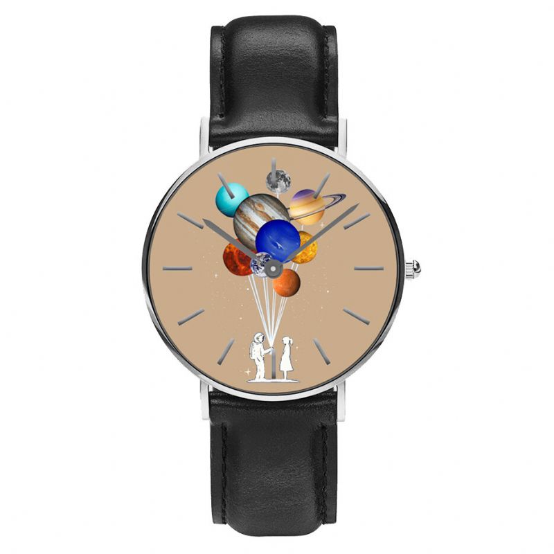 Style Décontracté Hommes Montre Dessin Animé Astronaute Coloré Planète Imprimer Bracelet En Cuir Pu Horloge Montres À Quartz