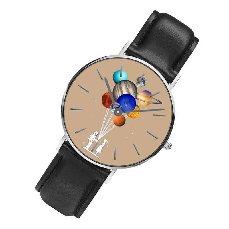 Style Décontracté Hommes Montre Dessin Animé Astronaute Coloré Planète Imprimer Bracelet En Cuir Pu Horloge Montres À Quartz