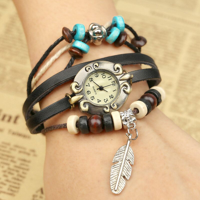 Style Rétro Vintage Cuir De Vachette Multicouche Montre À Quartz Armure Plume Pendentif Bracelet En Cuir Montre