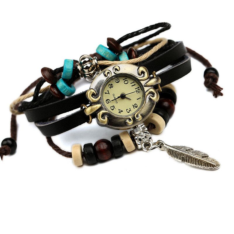 Style Rétro Vintage Cuir De Vachette Multicouche Montre À Quartz Armure Plume Pendentif Bracelet En Cuir Montre