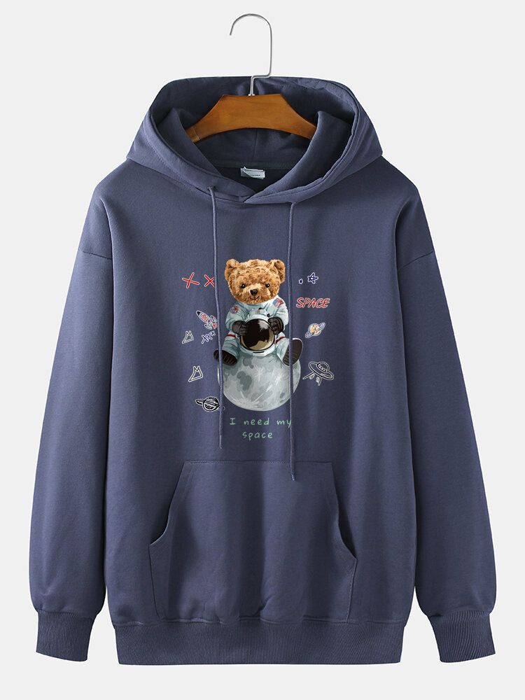 Sweat À Capuche 100% Coton Imprimé Ours Astronaute Avec Poche Pour Homme