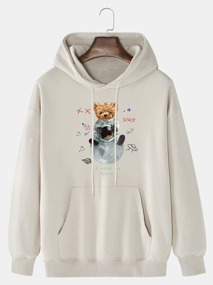 Sweat À Capuche 100% Coton Imprimé Ours Astronaute Avec Poche Pour Homme