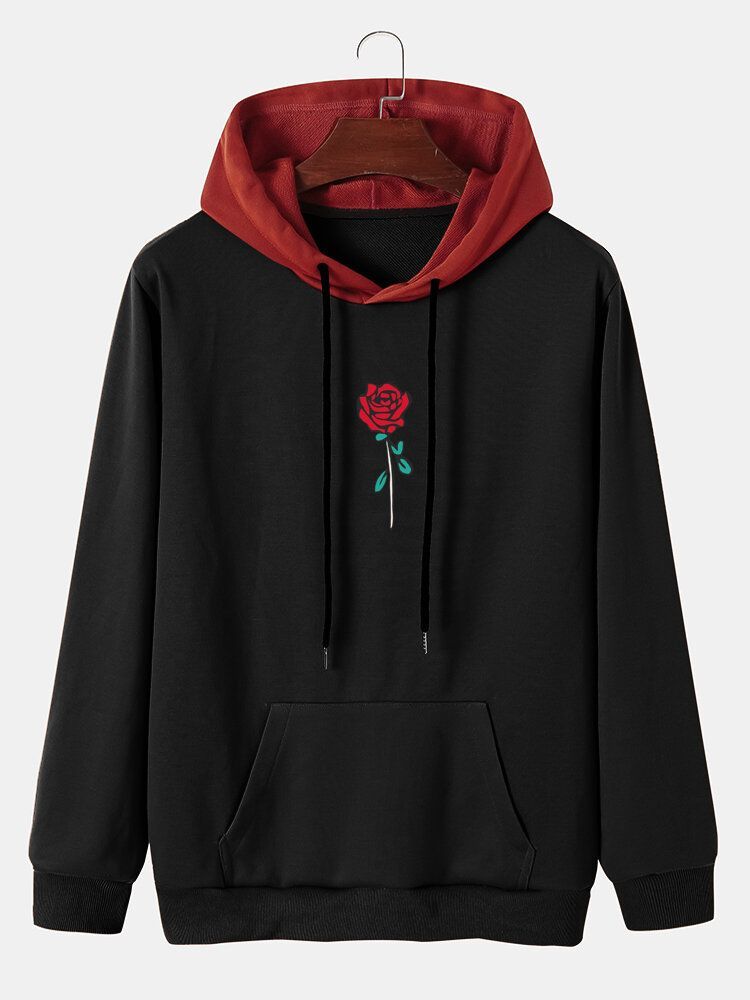 Sweat À Capuche Avec Cordon De Serrage Et Motif Rose Pour Homme Avec Poche Kangourou